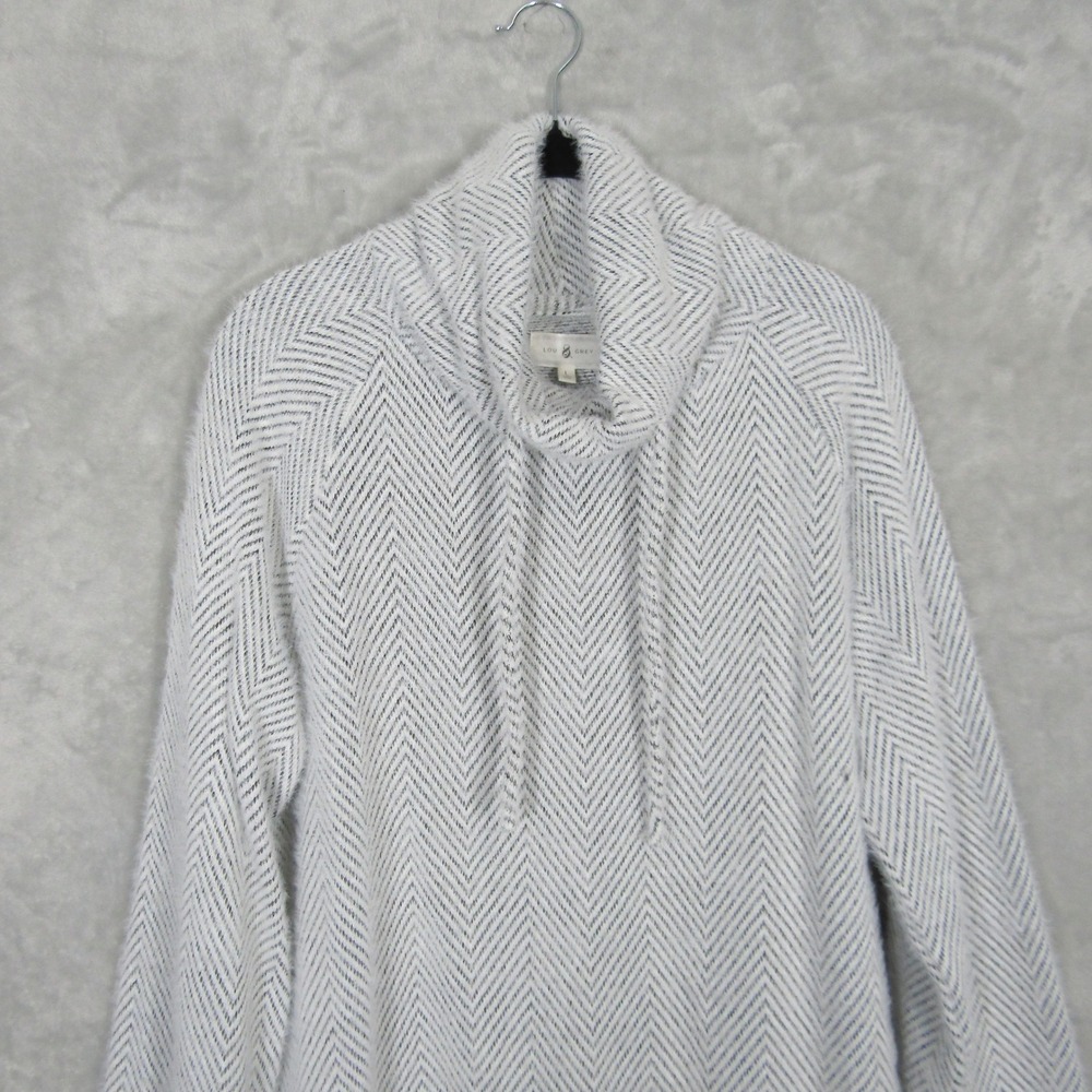 Lou & Grey Womens Large Cowl Neck Fuzzy Herringbone Pullover Sweater White Black - Picture 4 of 10